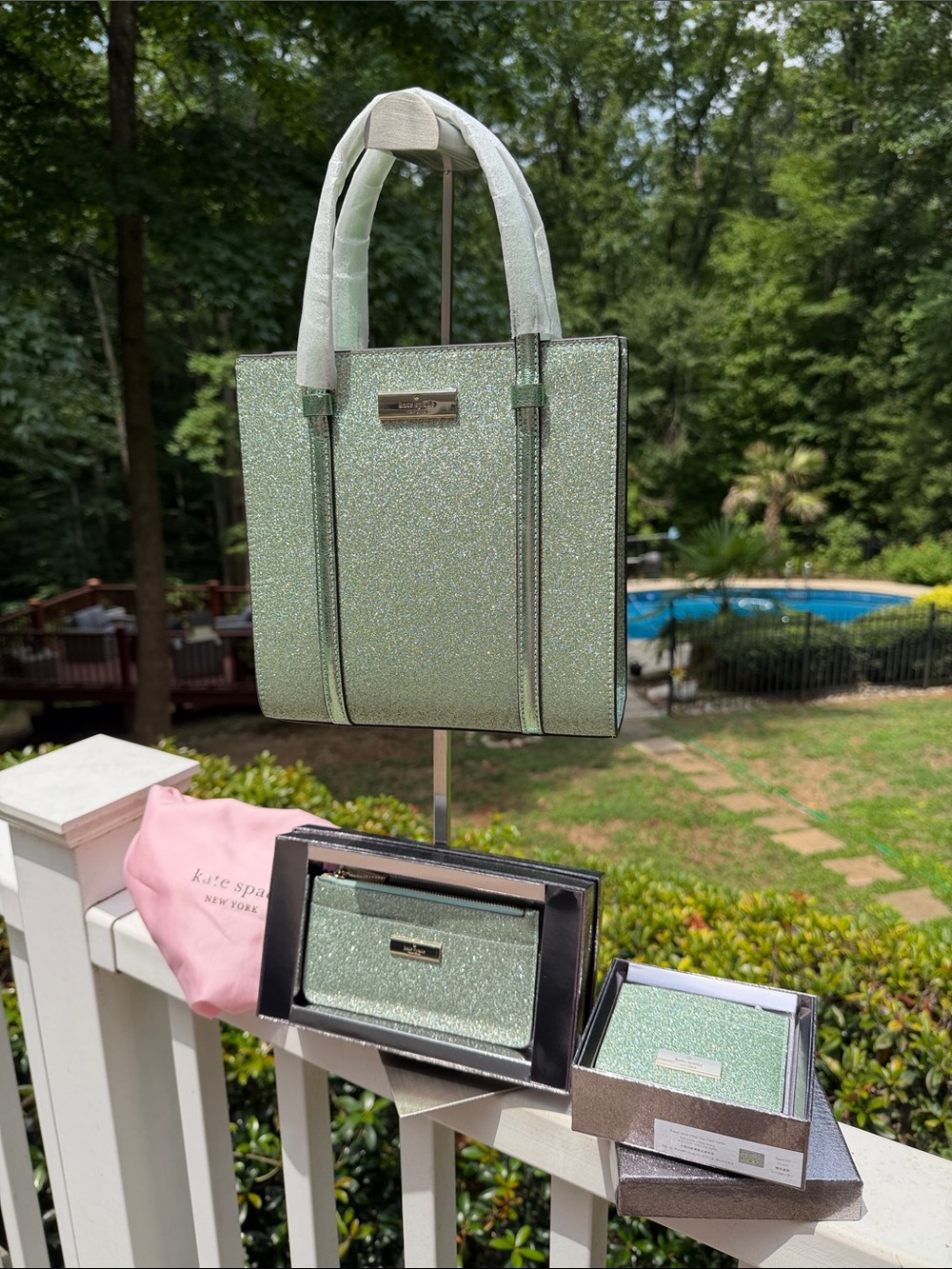 Kate Spade NWT Mini Tote Green Gold Glitter Bag, Wallet, Card Case Retail$580 - Picture 5 of 17